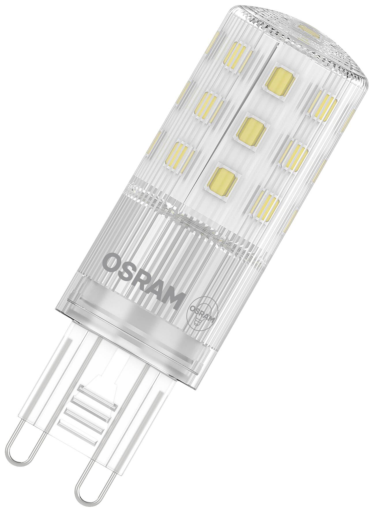 LED lampa od Osramu so soklom G9. Je valcovitého tvaru a priehľadná, s viacerými viditelnými žltými LED čipmi vo vnútri.