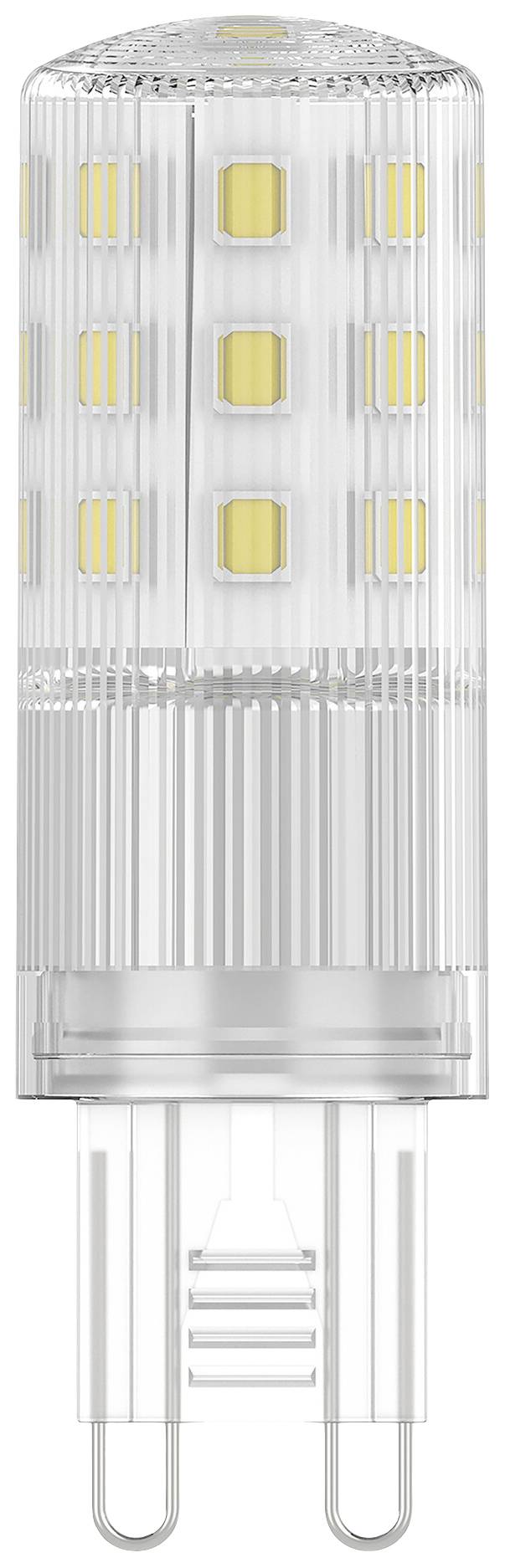 LED lampa s valcovitým, priehľadným obalom a žltými svetelnými plochami vo vnútri. Vhodná pre päticové zapojenie G9.