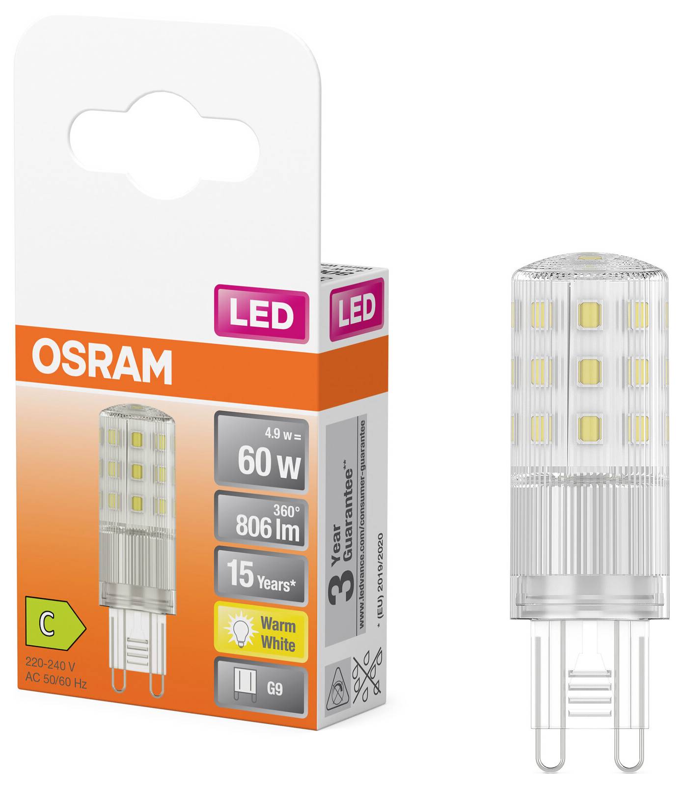 'OSRAM LED G9 žiarovka, náhrada za 60 W, 806 lm, teplá biela, životnosť 15 rokov.' Obrázok produktu zobrazuje balenie a samotnú žiarovku.