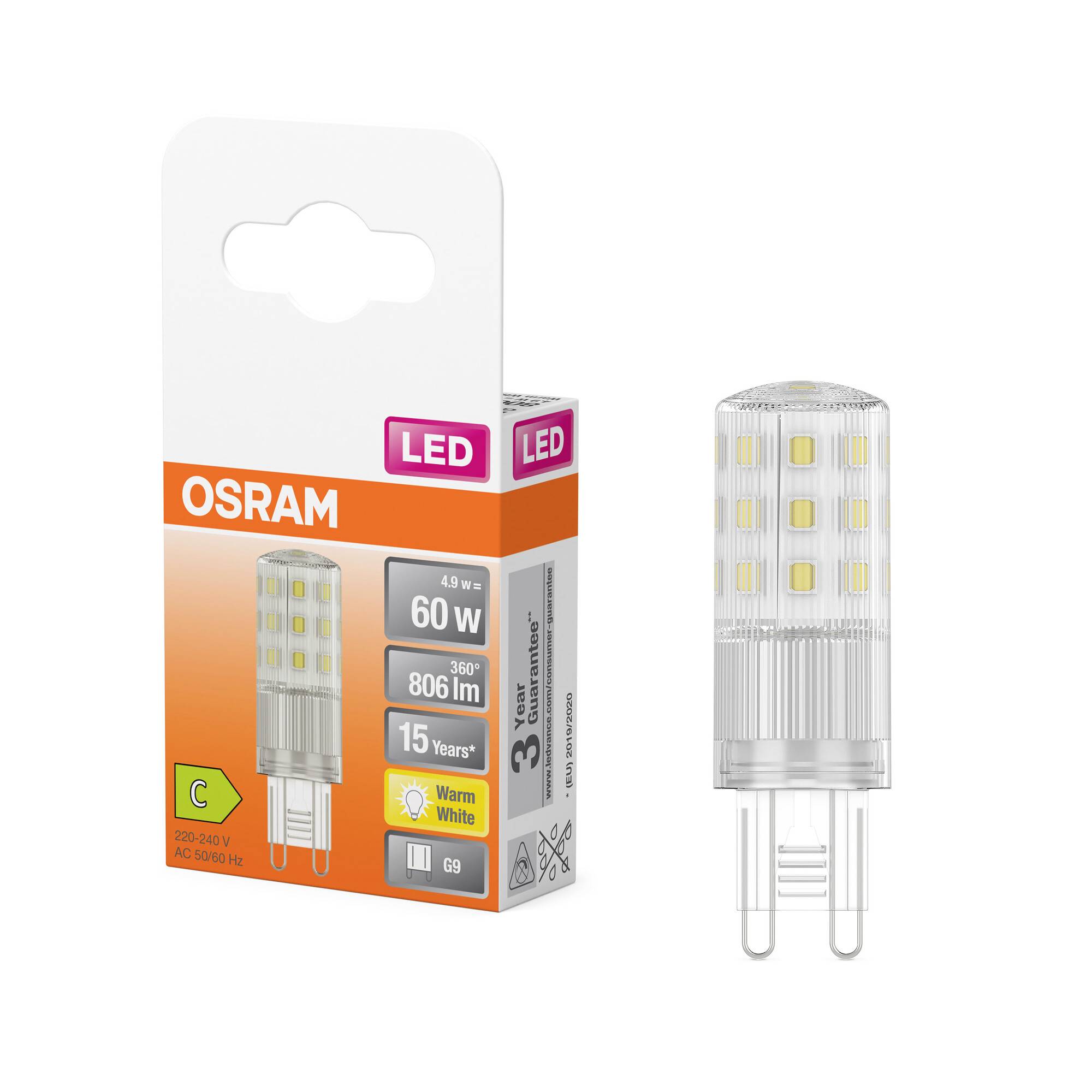 LED žiarovka od OSRAMu, 60W, 806 lúmenov, teplá biela, energetická trieda C, životnosť 15 rokov. Balenie vpravo na obrázku.