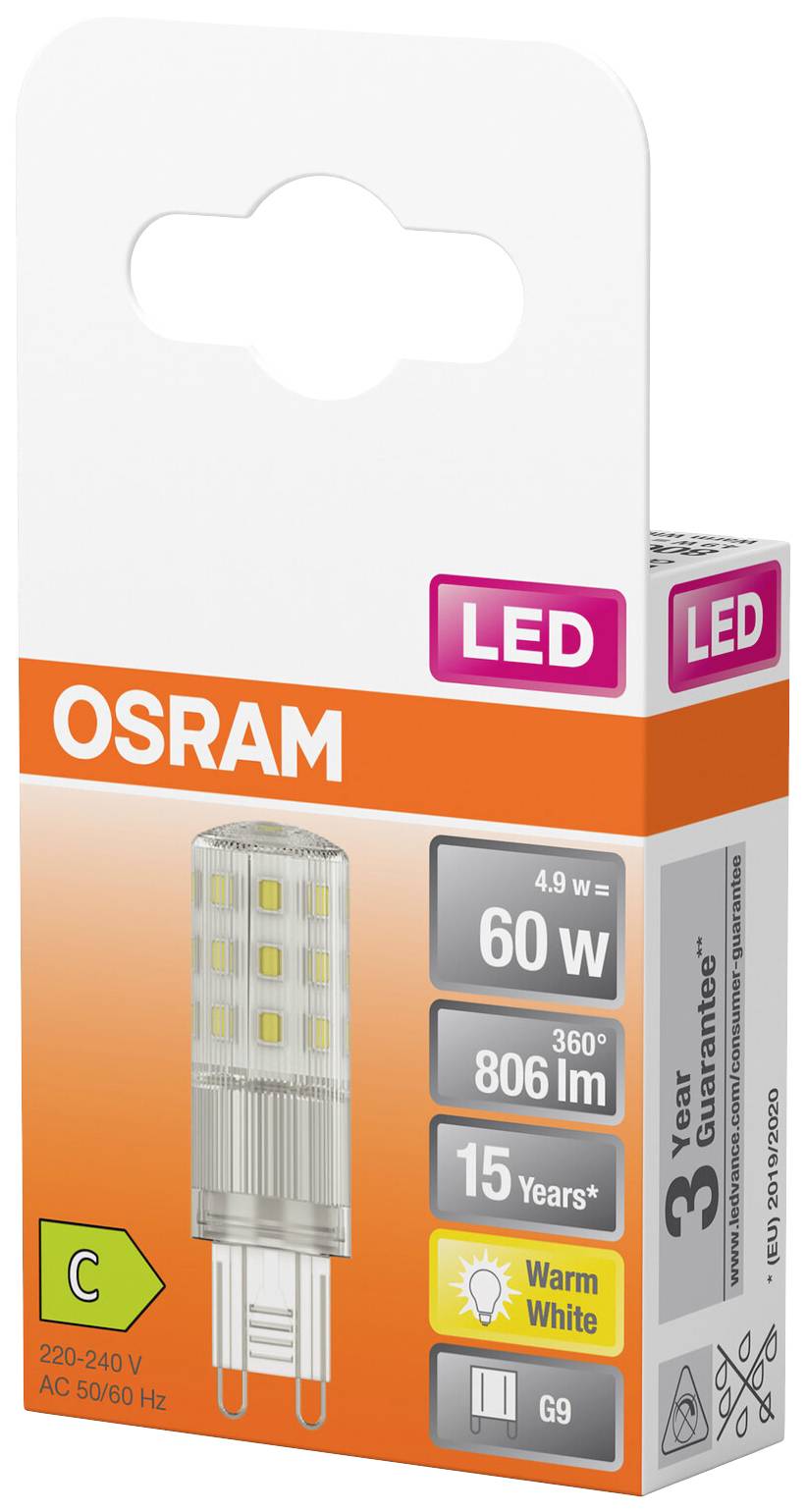 LED žiarovka značky OSRAM v balení. Žiarovka má výkon 60 wattov, 806 lúmenov, teplé biele svetlo a záruku 3 roky.
