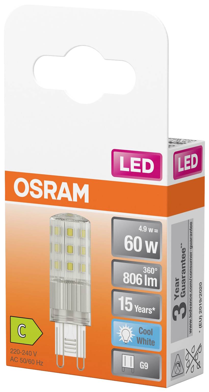 LED-lampa značky OSRAM, 4,9 W, 806 lúmenov, ekvivalent 60 W, farba svetla Cool White, energetická trieda C, 3-ročná záruka, pätica G9.