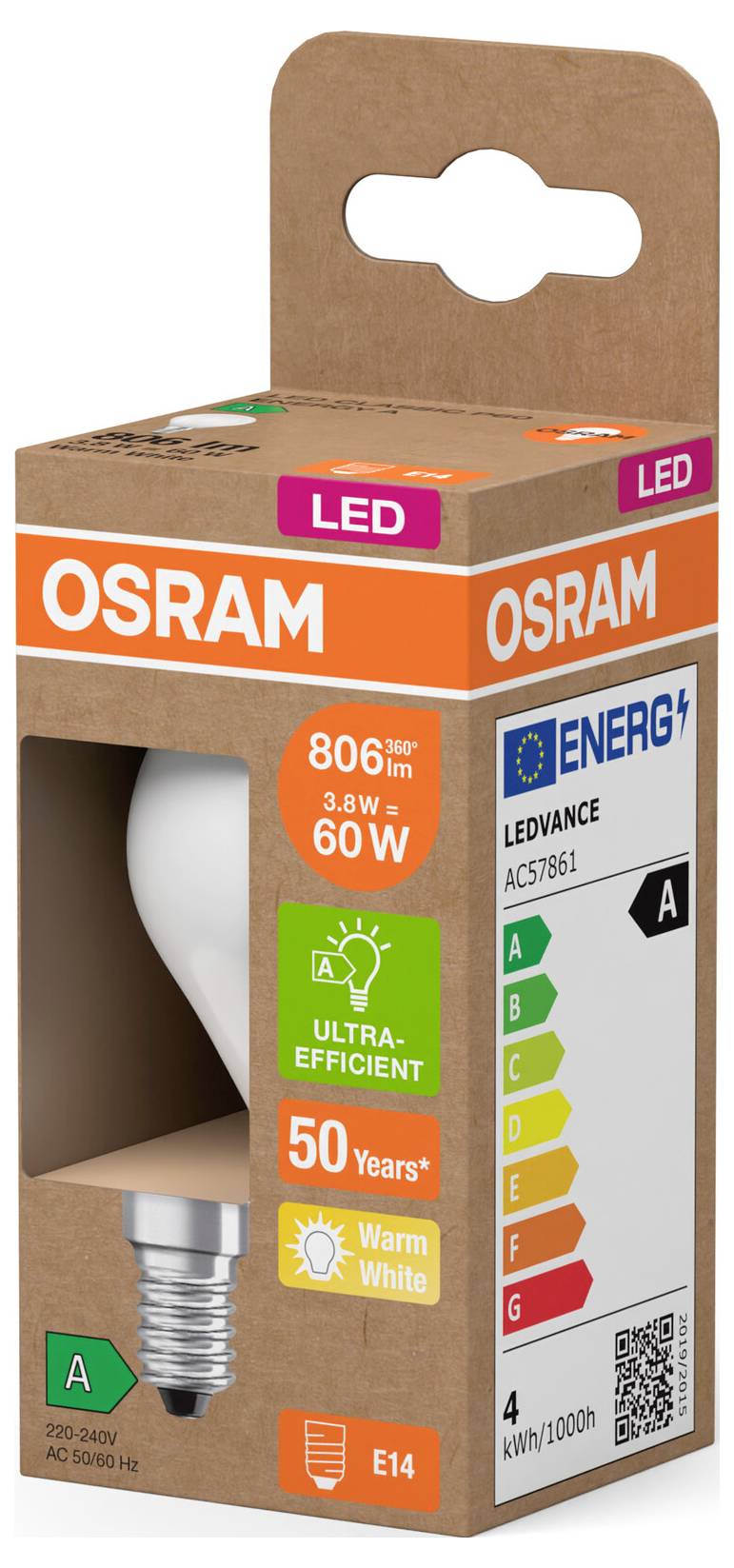 LED žiarovka, ekvivalent 60W, 806 lúmenov, energetická trieda A, teplá biela, životnosť 50 rokov. Označenie: OSRAM E14.