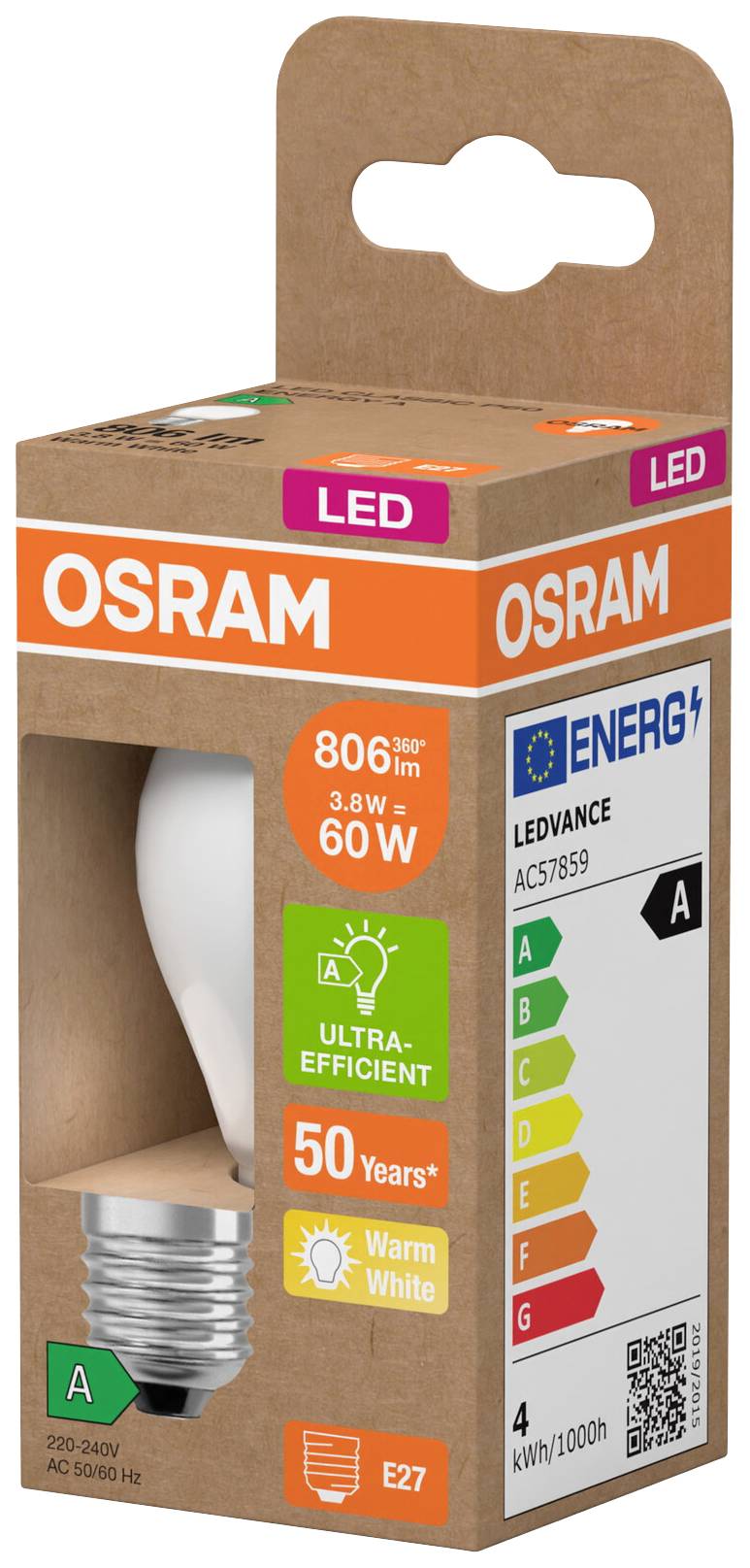 Balenie LED žiarovky Osram. Detaily: 806 lúmenov, 3,8 W, pätica E27, energetická trieda A, teplá biela, životnosť 50 rokov.