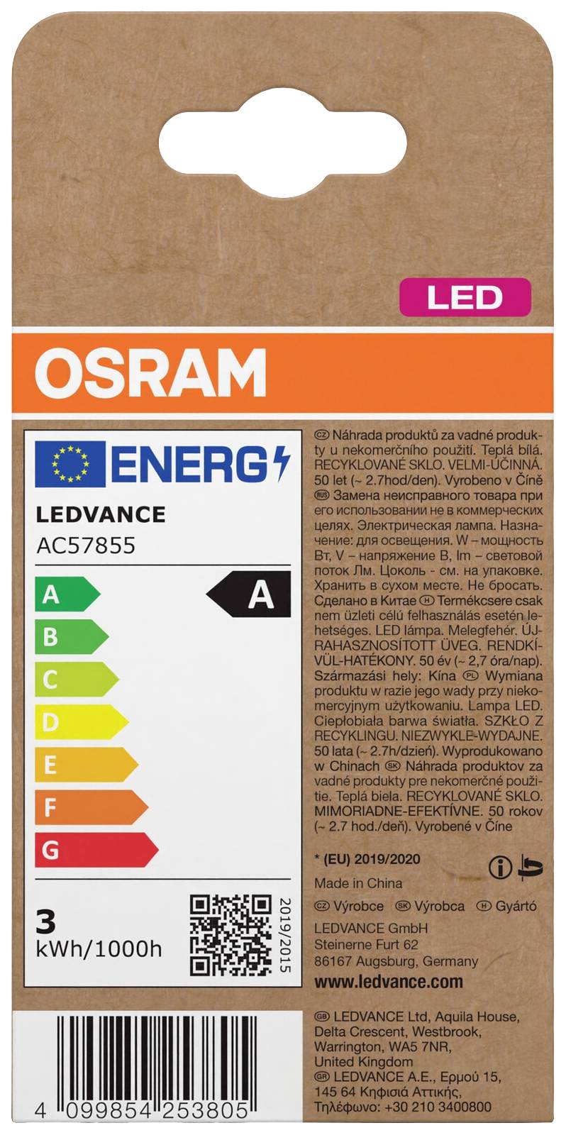 Energetický štítok pre LED žiarovku OSRAM, energetická trieda efektivity A, spotreba 3 kWh/1000h. Obsahuje QR kód a informácie o výrobcovi.