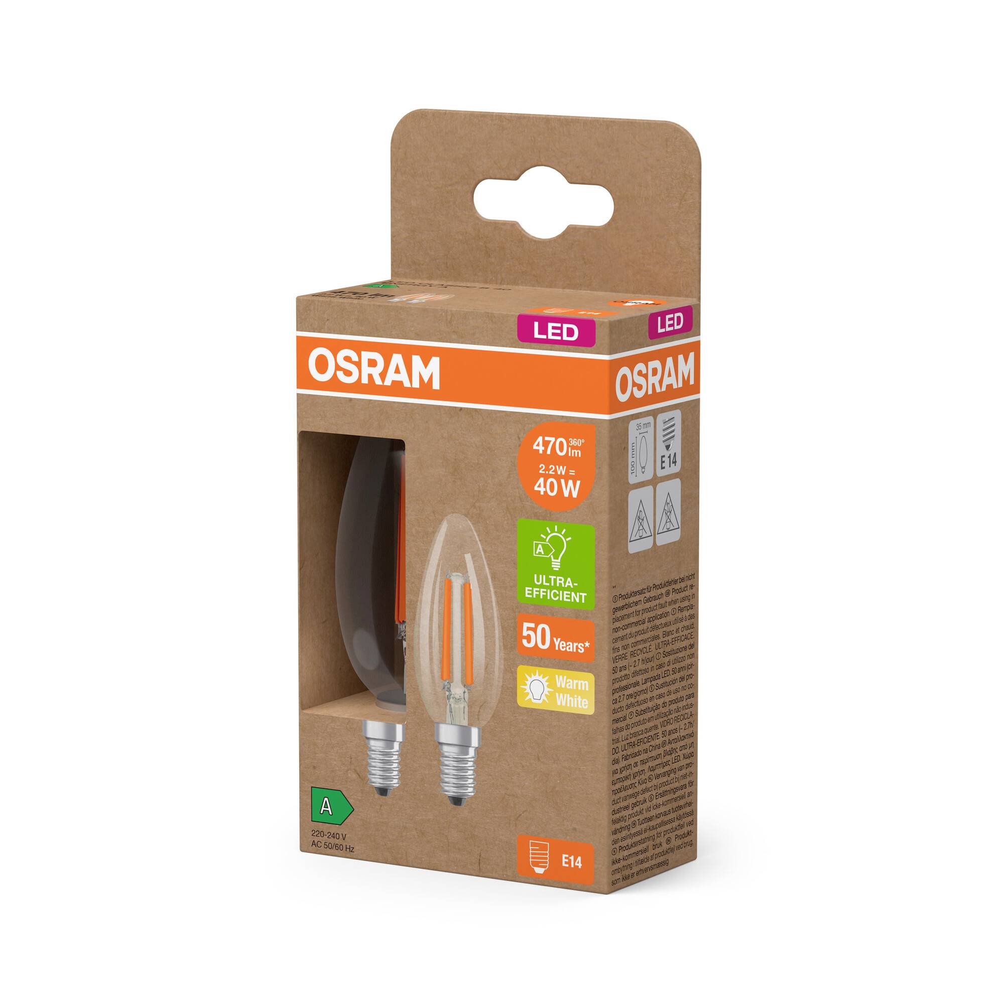LED žiarovka od Osramu, 470 lúmenov, 4,7W (zodpovedá 40W), teplá biela, energetická trieda A, pätica E14, v papierovom obale.