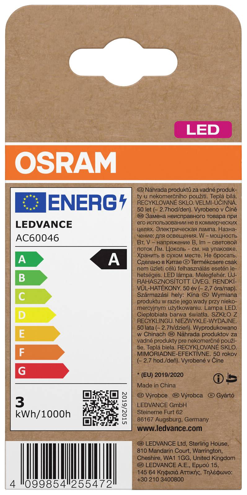 Energetický štítok energetickej účinnosti pre LED lampu Osram. Trieda A, spotreba 3 kWh/1000h. K dispozícii sú produktové informácie a údaje výrobcu.