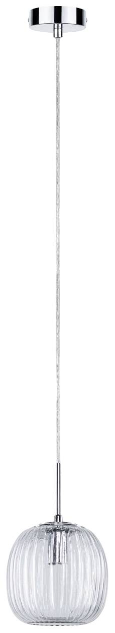 Závesná lampa s priehľadným, rebrovaným skleneným tienidlom a chrómovaným závesom, moderný dizajn pre interiérovú svietidlo.