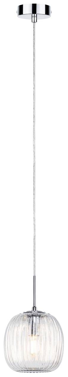 Sklenená závesná lampa so žebrovaným tienidlom, strieborným baldachýnom, zavesená na tenkom kábli.