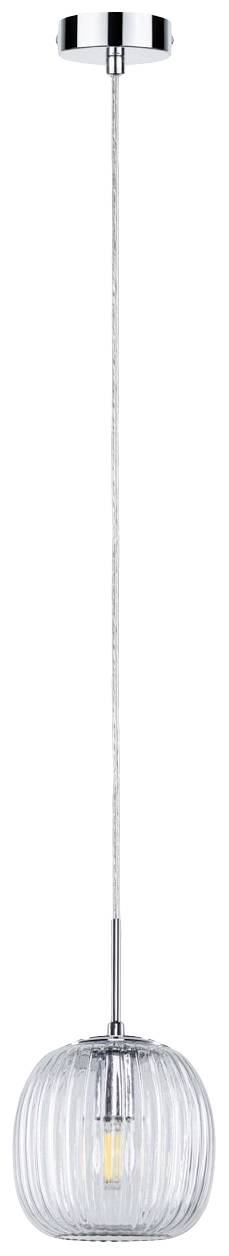 Závesná lampa s priehľadným skleneným tienidlom a viditeľným svetelným zdrojom, pripevnená na tenkej kovovej reťazi.