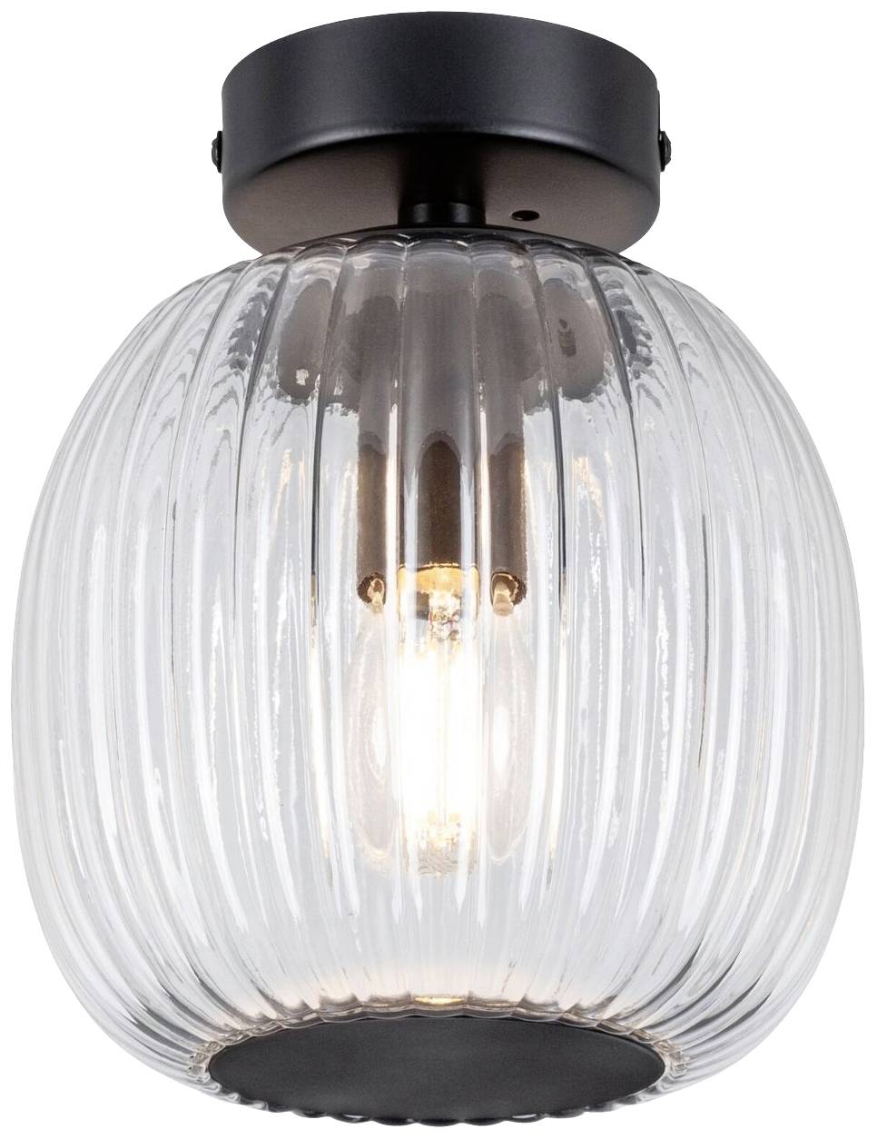 Sklenená závesná lampa s ryhovaným dizajnom a viditeľným svetelným zdrojom, vhodná pre modernú interiérovú osvietenie.