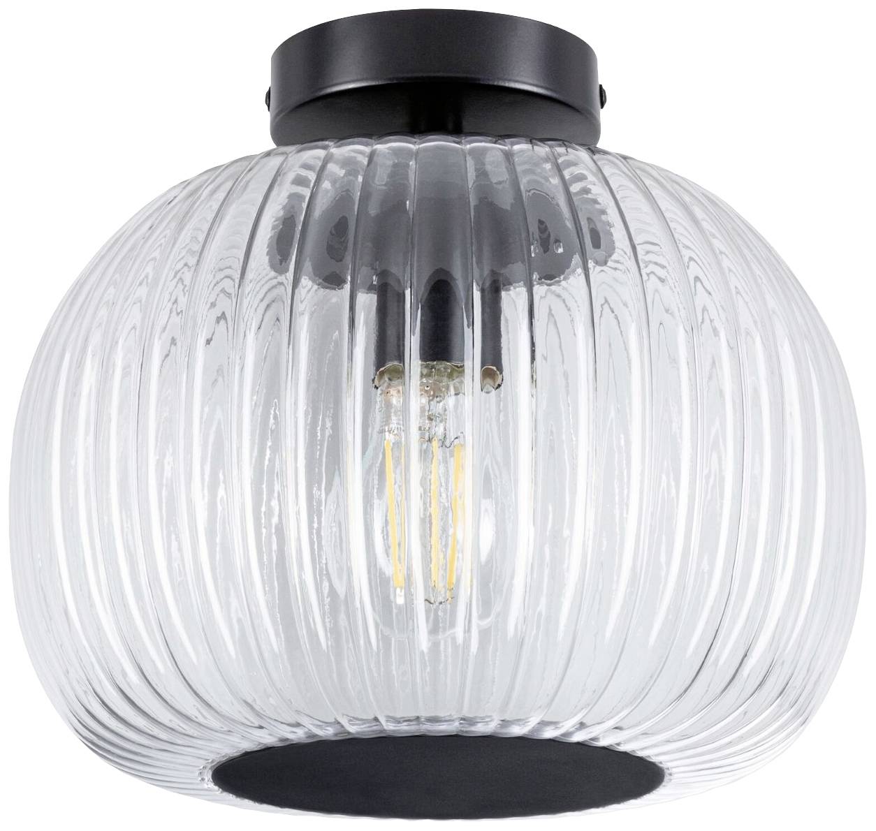 Okrúhle stropné svietidlo s vrúbkovaným, priehľadným sklom; čierne telo, viditeľné žeravé vlákno, moderný a klasický štýl.