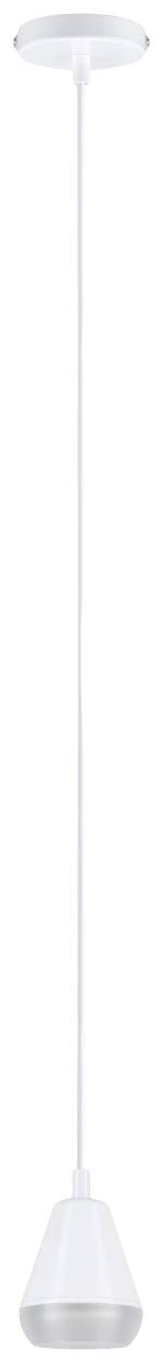 Biela závesná lampa s kužeľovitým tienidlom, zavesená na dlhom kábli, vhodná do moderných interiérov.