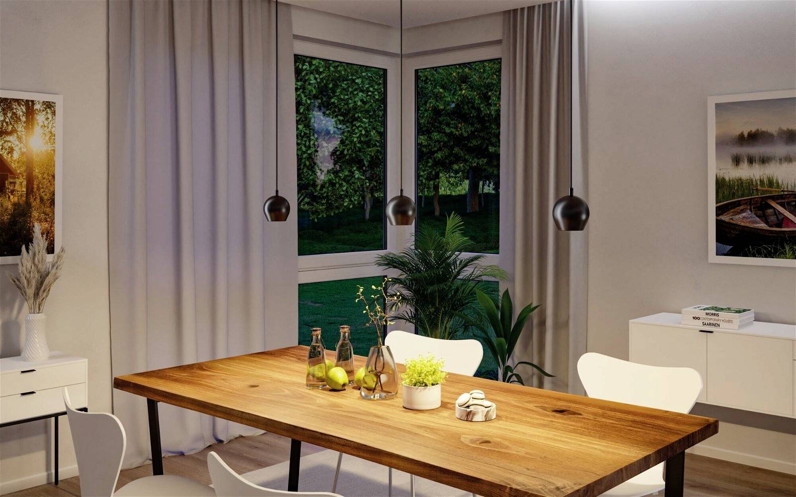 Jedáleň s dreveným stolom, bielymi stoličkami a dekoráciou. Veľké okná ponúkajú výhľad na záhradu. Moderné závesné lampy osvetľujú priestor.