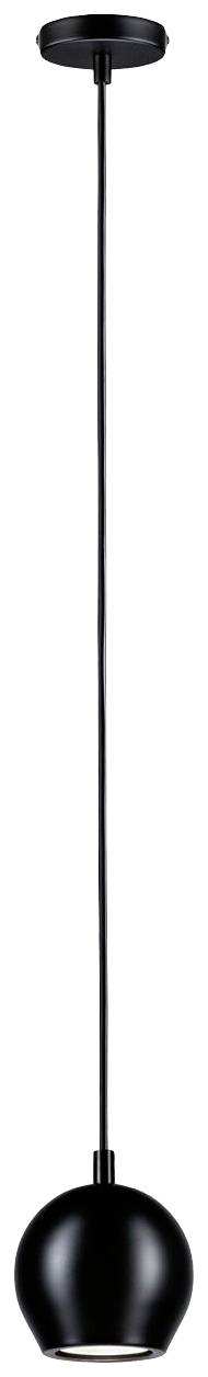Čierne guľovité závesné svietidlo s dlhým káblom visí zo stropu.