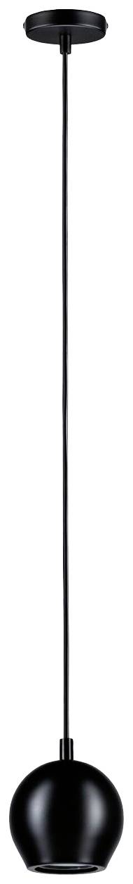 Čierne závesné svietidlo s guľatým tienidlom, zavesené na dlhom kábli. Ideálne pre moderný interiérový dizajn.