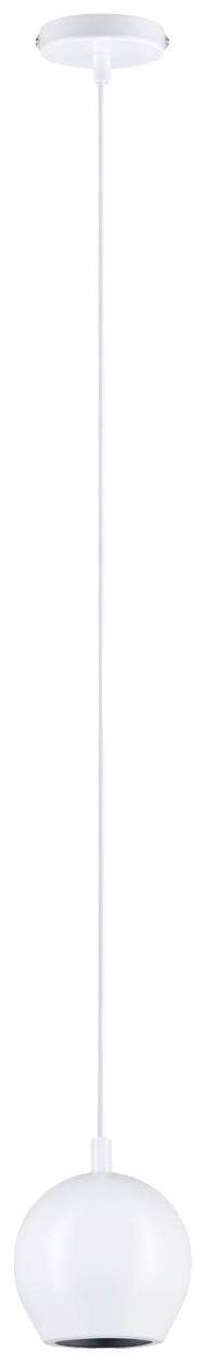 Biela guľovitá závesná lampa s dlhým káblom, moderného a minimalistického dizajnu, vhodná do obývacej izby alebo jedálne.