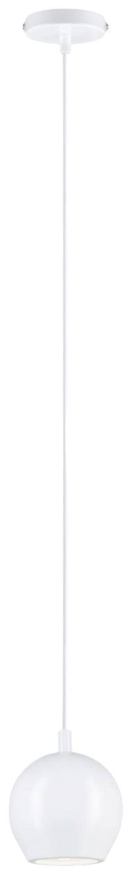 Biela závesná guľová lampa s jednoduchým dizajnom, zavesená od stropu, ktorá poskytuje jemné osvetlenie.