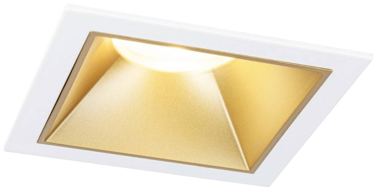 Štvorcový, biely stropný reflektor s vnútorným zlatým reflexným povrchom vrhá svetlo smerom nadol.