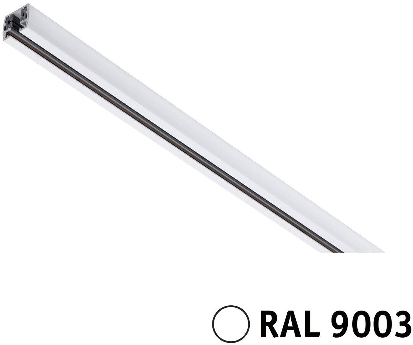 Biela, podlhovastá LED lampa, úzka, minimalisticky navrhnutá. Nápis dole: 'RAL 9003', farebné označenie pre čistobielu.