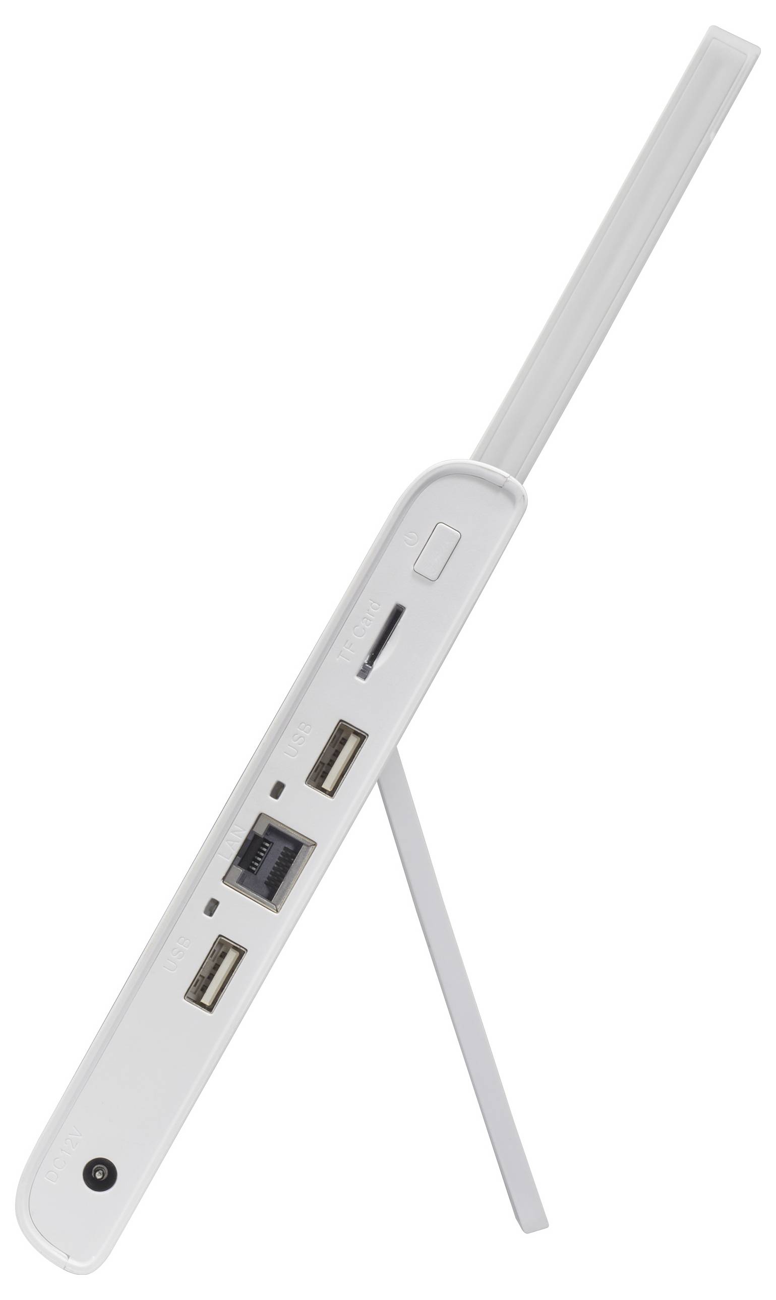 Biely prenosný router s USB portom, ethernetovým konektorom a LED displejom. Dlhá anténa smeruje nahor.