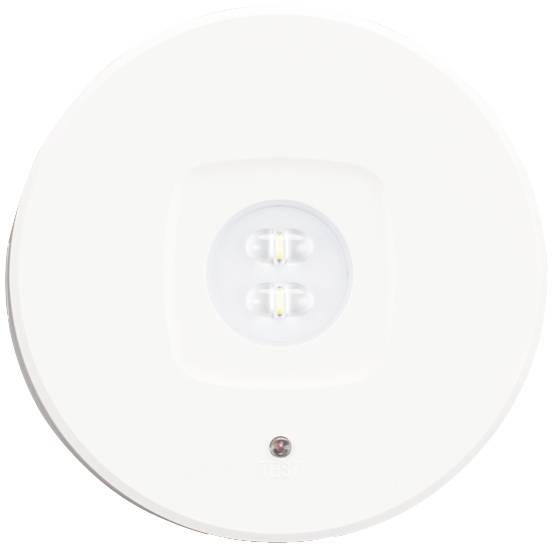 Biela, okrúhla LED nástenná lampa s dvoma viditelnými svetlami v strede.