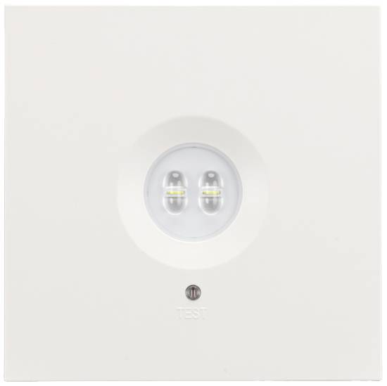 Biele núdzové svetlo s dvoma LED lampami a tlačidlom pod ním, označené nápisom 'TEST'.