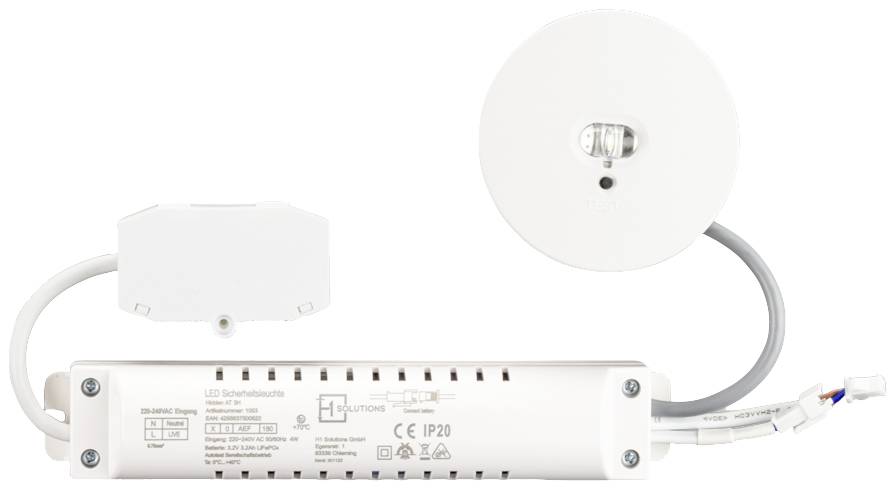 Biely LED transformátor s ochranným krytím IP20, s vytlačeným CE certifikátom a technickými špecifikáciami, umiestnený vedľa okrúhlej pripojovacej krabice.