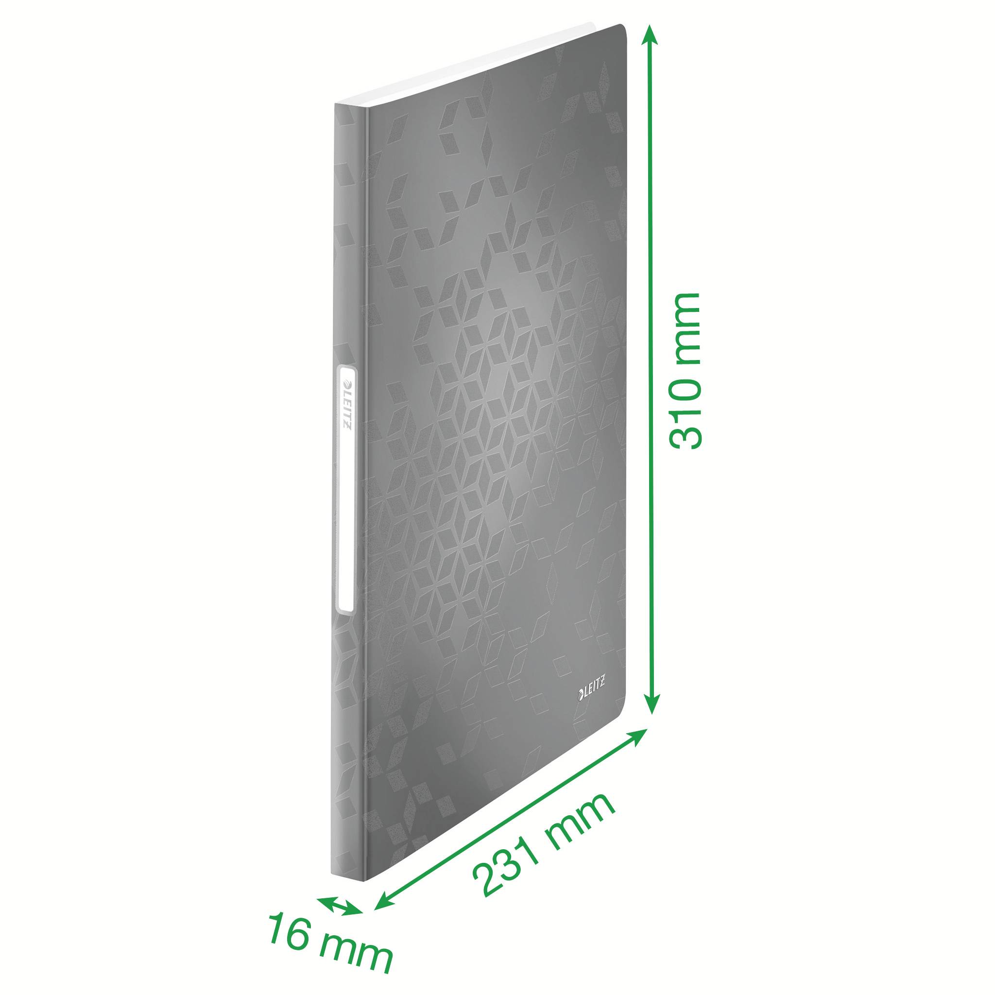 Sivý poznámkový zošit s geometrickým vzorom, rozmery: 310 mm x 231 mm x 16 mm.