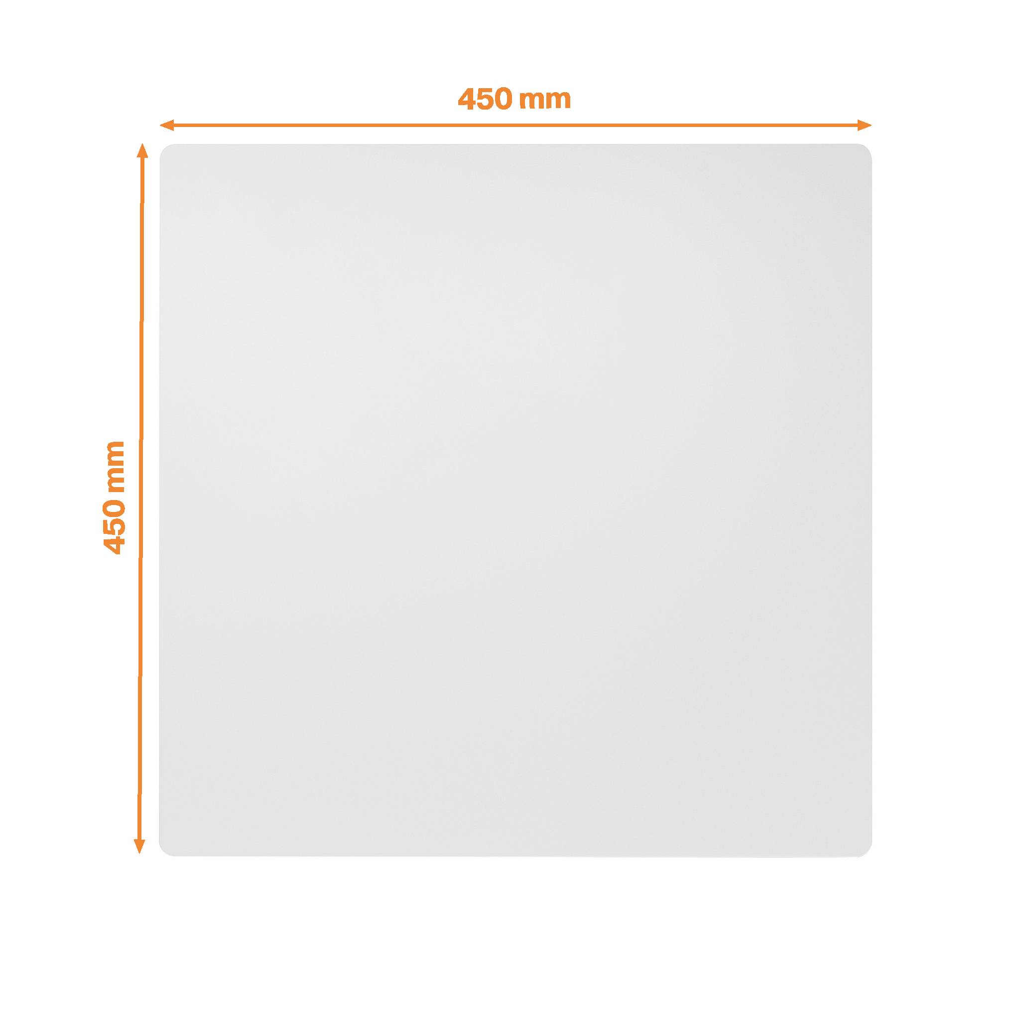 Štvorcová biela doska s rozmermi 450 mm x 450 mm.