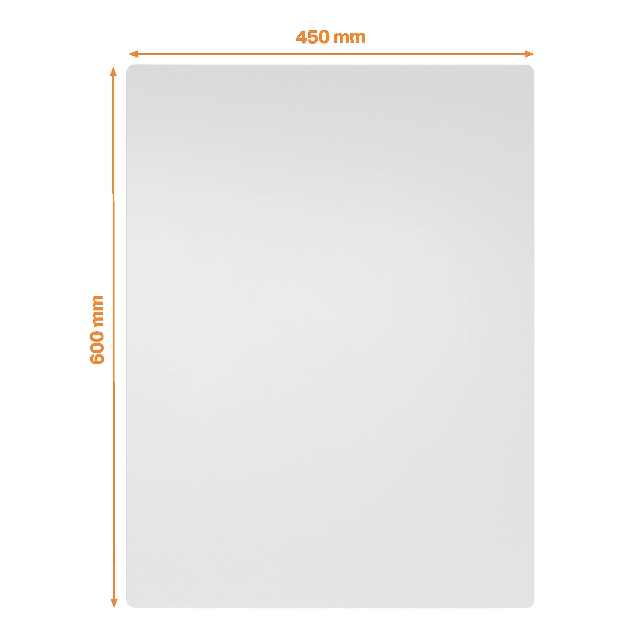 Obdĺžnikový biely list s rozmermi 450 mm x 600 mm, znázornený oranžovými šípkami, ktoré označujú šírku a výšku.
