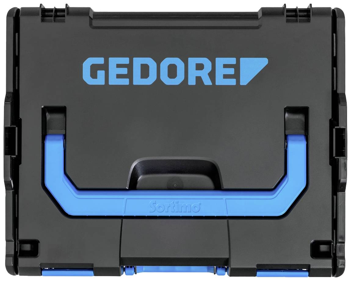 Čierny kufor s modrým držadlom a nápisom 'GEDORE' modrou farbou na prednej strane.