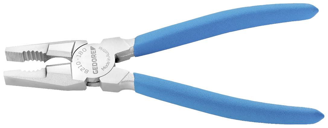 Modrá kombinované kliešte s oceľovými čeľsťami a plastovými rukoväťami, vhodné pre všeobecné úchopné a rezacie práce.