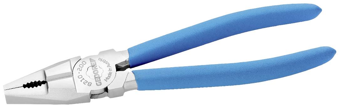 Modrá kombinované kliešte s vrúbkovanou reznou oblasťou, vhodné pre univerzálne použitie v remesle a priemysle.