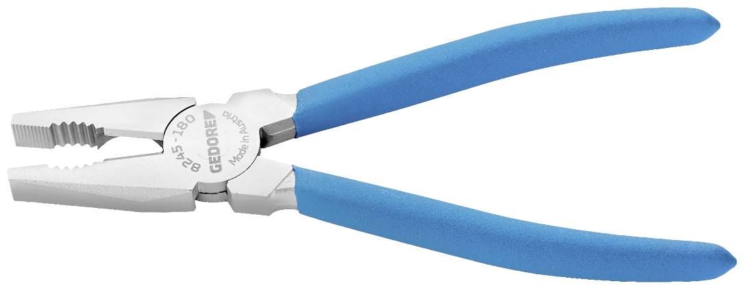 Modrá kombinované kliešte so štruktúrovanou rukoväťou a striebornou kovovou hlavou, vhodné pre uchopenie a rezanie v dielni.
