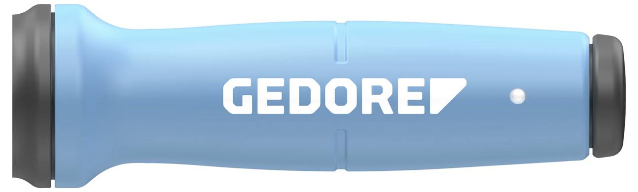 Modrá ergonomická rukoväť označená nápisom 'GEDORE', navrhnutá pre nástroj, s textúrovaným úchopom a bočným tlačidlom pre funkčnosť.