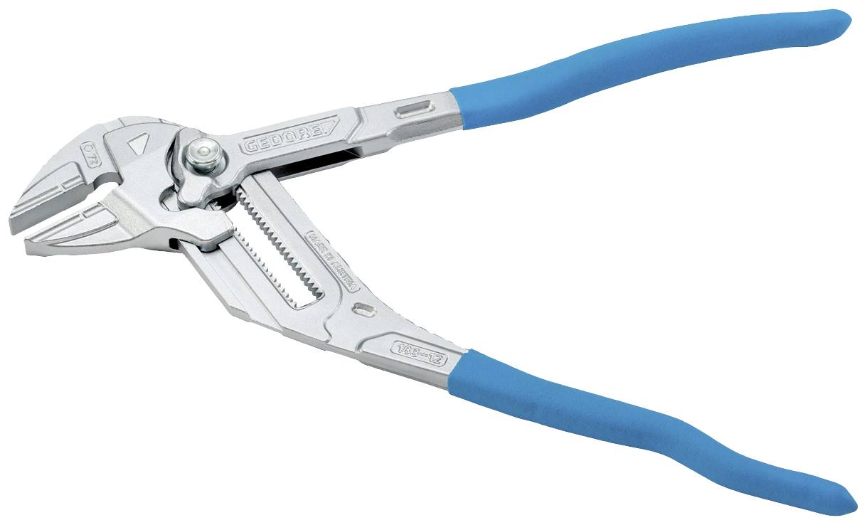 Nastaviteľné inštalatérske kliešte s modrými rúčkami, ktoré sa používajú na uchopenie a pridržanie rúrok alebo iných valcovitých predmetov.