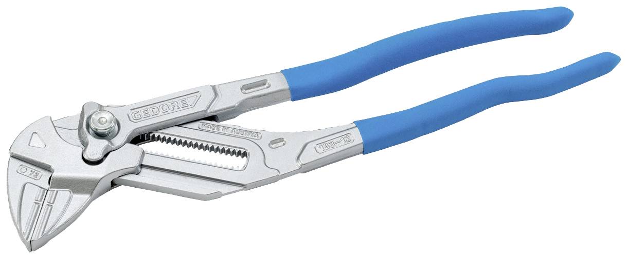 Nastaviteľné kliešte s modrými rukoväťami a strieborným telom, vhodné nauchopenie a otáčanie rôznych predmetov.