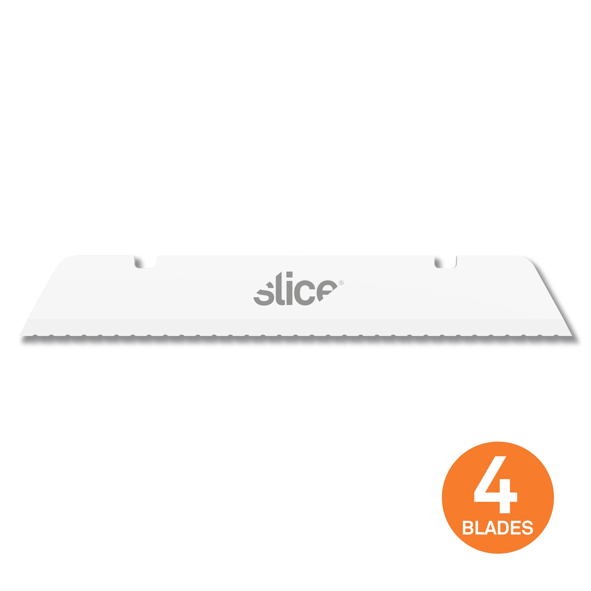 Biele keramické čepeľové ostrie s potlačou 'Slice'. Oranžový kruh v spodnej pravej časti s nápisom '4 Blades'.