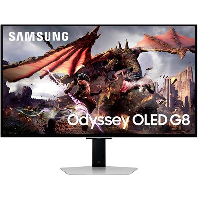 Fantastický drak bojuje s bojovníkom v prostredí hradu. V popredí je text 'Odyssey OLED G8' vedľa loga Samsung.