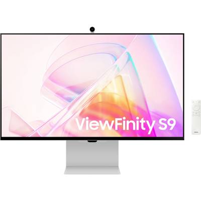Moderný počítačový monitor s nápisom 'ViewFinity S9' vedľa štíhleho diaľkového ovládača.