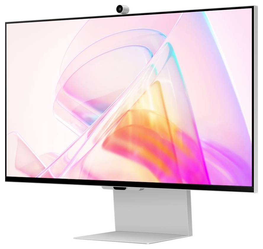 Moderný počítačový monitor s integrovanými reproduktormi a webkamerou zobrazuje farebný abstraktný dizajn.