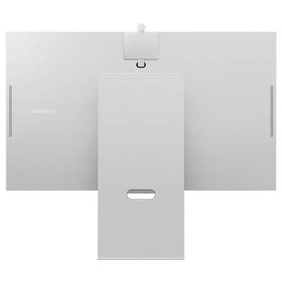 Zadná strana bieleho monitora so štvorcovou podstavou. Hore je okrúhly senzor. Logo Samsung je viditeľné vľavo.