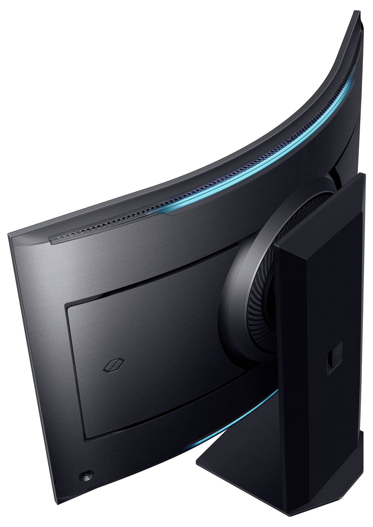 Zakrivený monitor v bočnom pohľade so svetelným efektom v modrej farbe na zadnej strane.