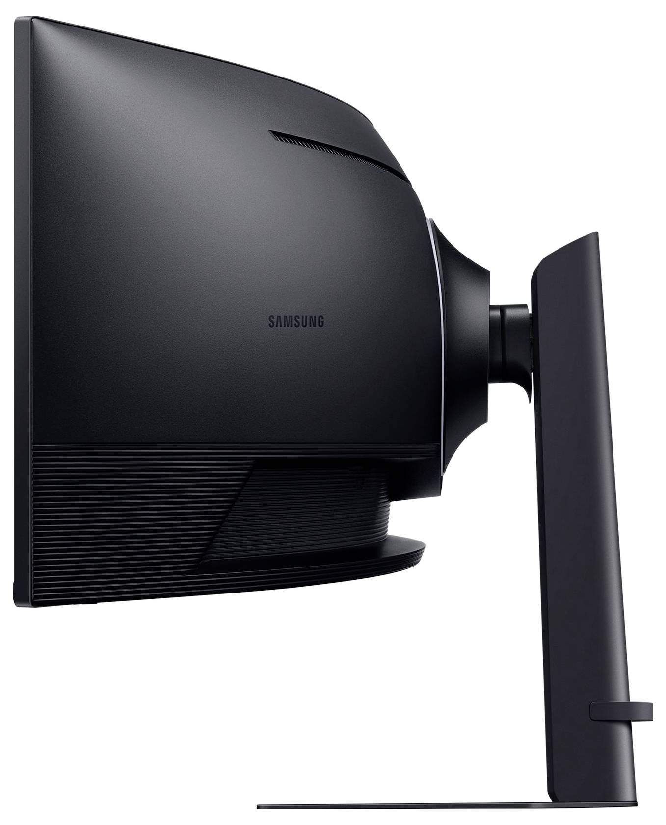 Čierny monitor Samsung z bočného pohľadu, upevnený na stojane.