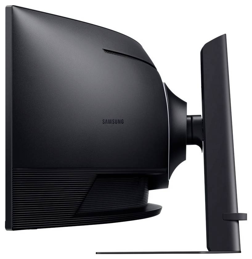 Pohľad zboku na čierny monitor Samsung s elegantným dizajnom a zakrivením displeja, upevnený na stabilnom podstavci.