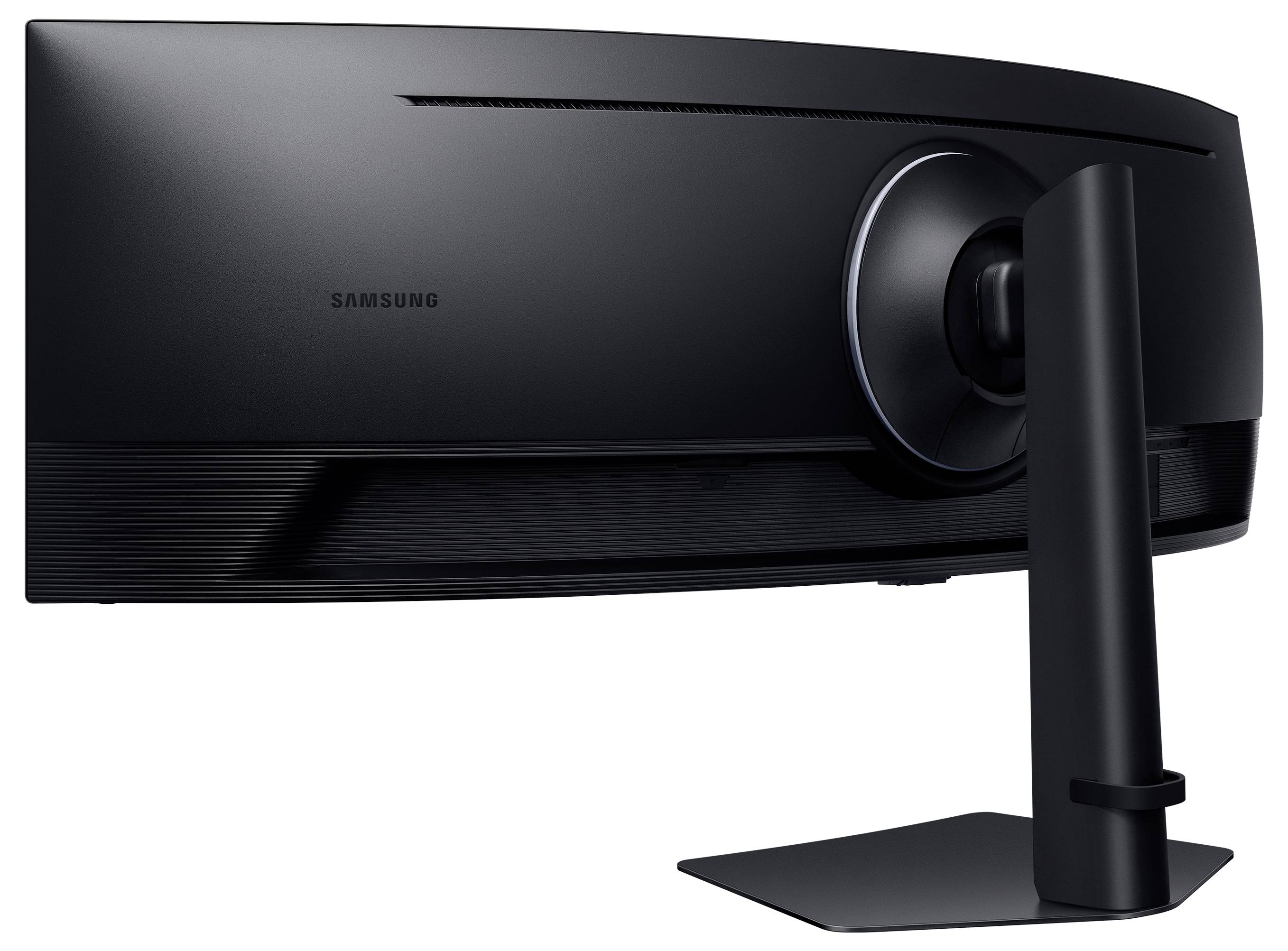 Ultraširokouhlý zakrivený počítačový monitor od Samsungu, pohľad zozadu so stojanom, vhodný pre herné zostavy.