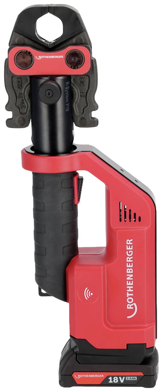 Hydraulické lisovacie kliešte od ROTHENBERGER, model 18V, na lisované spoje. Červená rukoväť s čiernymi prvkami, kompaktná konštrukcia.