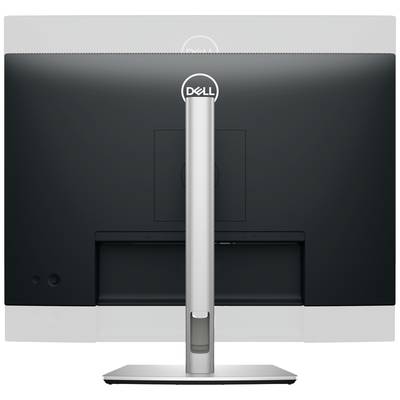 Pohľad zozadu na monitor Dell so strieborným stojanom a čiernym displejom.