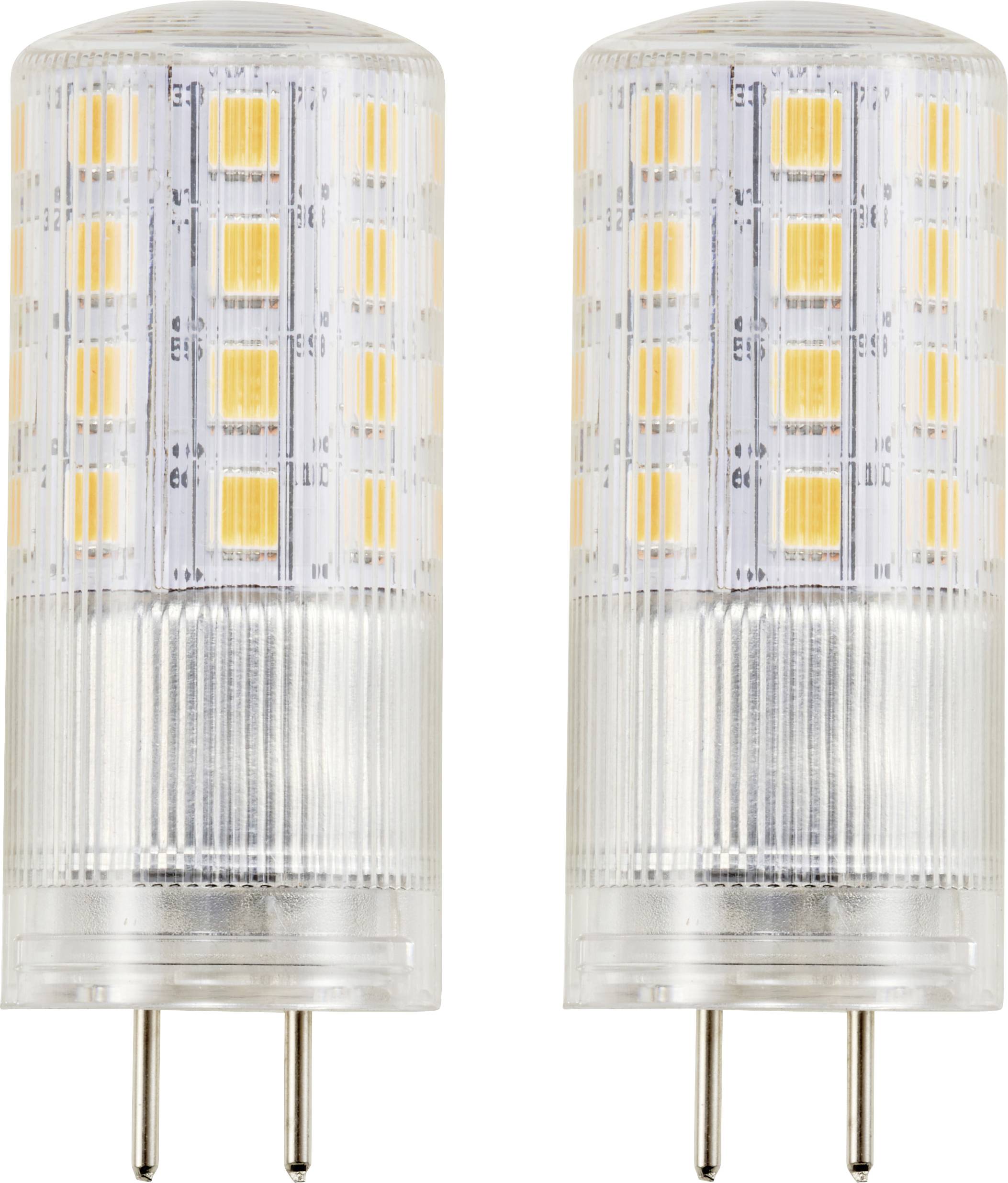 Dva valcové LED-svetlá s priehľadným krytom a viditeľnými žltými diódami, každé s dvoma zástrčkovými kontaktmi dole.